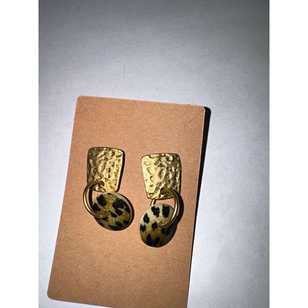 Gold Tone Hammered Leopard Print Oval Dangle/Drop Earrings Butterfly Closure